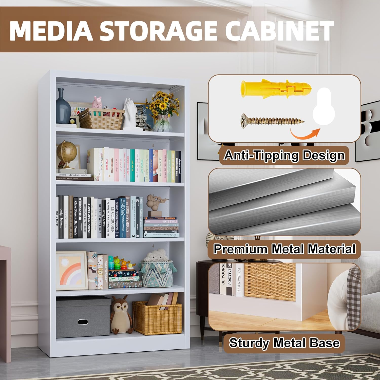 55' Media Storage Cabinet, Metal CD Storage Rack with 4 Adjustable Shelves, 5-Tier Large Media Stand for Living Room, Home Entertainment (White)