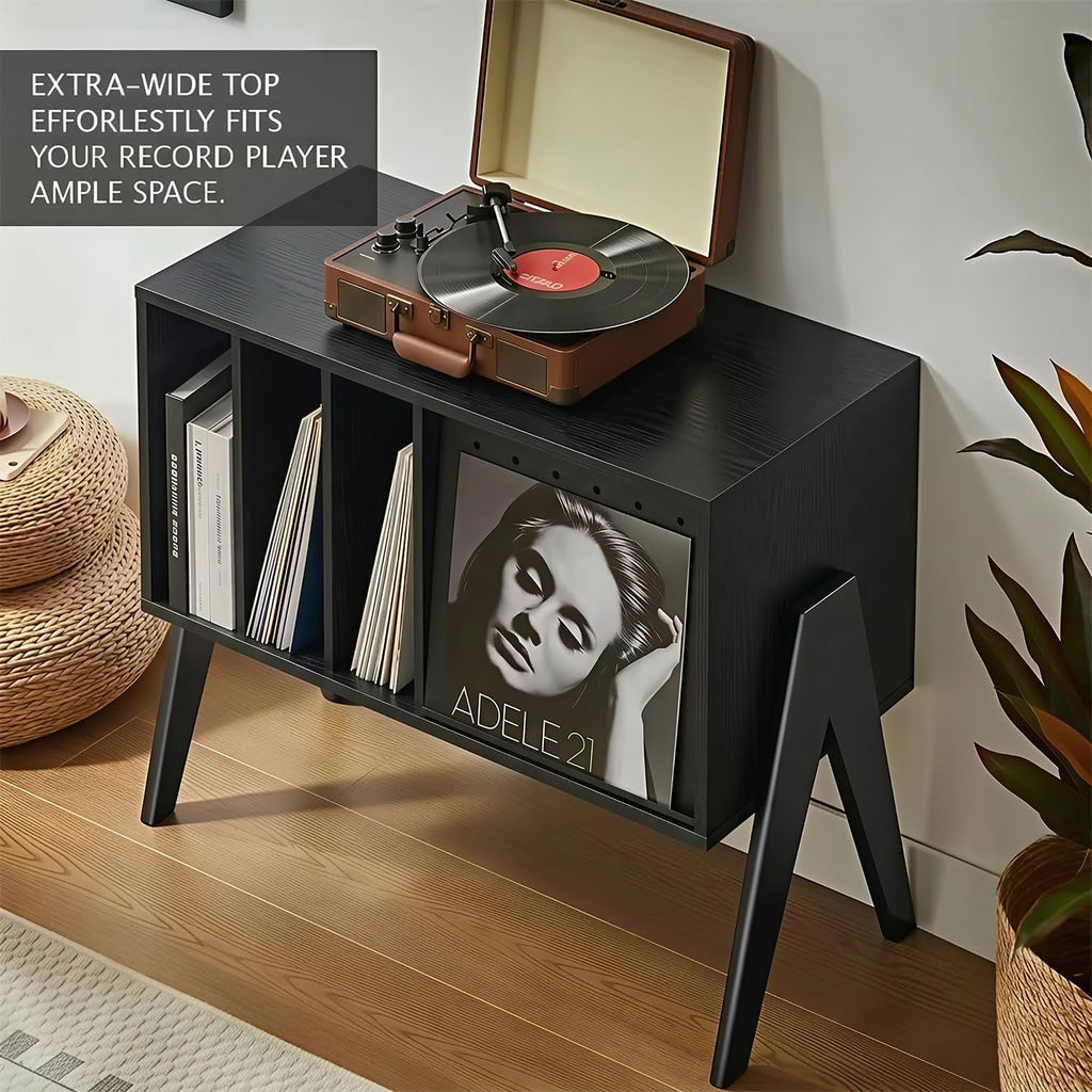 Record Player Stand with Vinyl Storage, 32' Turntable Stand with Flip-Up Album Display, Mid Century Modern Black Vinyl Record Storage Cabinet, Audio Media Console Table with V-Shape Legs