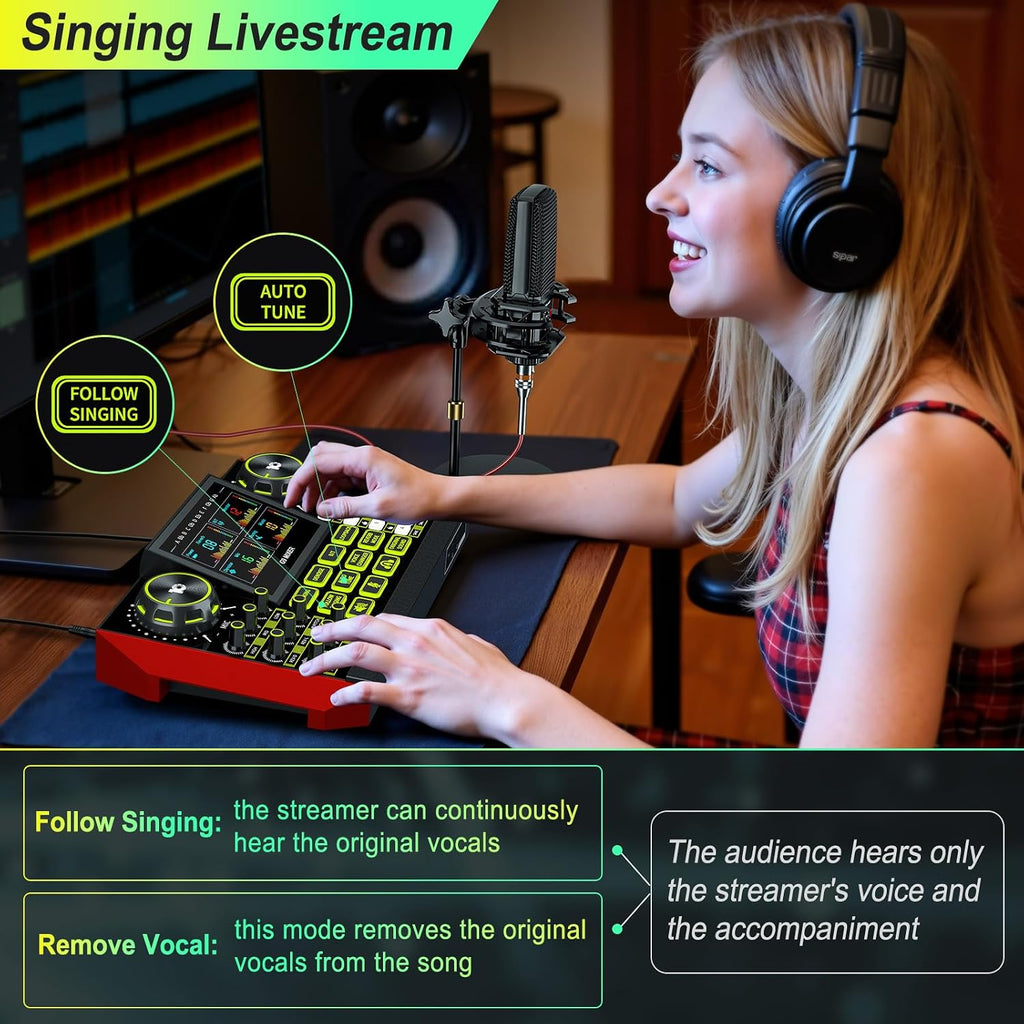 Podcast Microphone Bundle with Live Sound Card Audio Mixer, Podcast Equipment Bundle with 3.5mm Condenser Microphone for Pc/Phone Live Streaming Singing Gaming, Sound Board with Voice Changer, Denoise