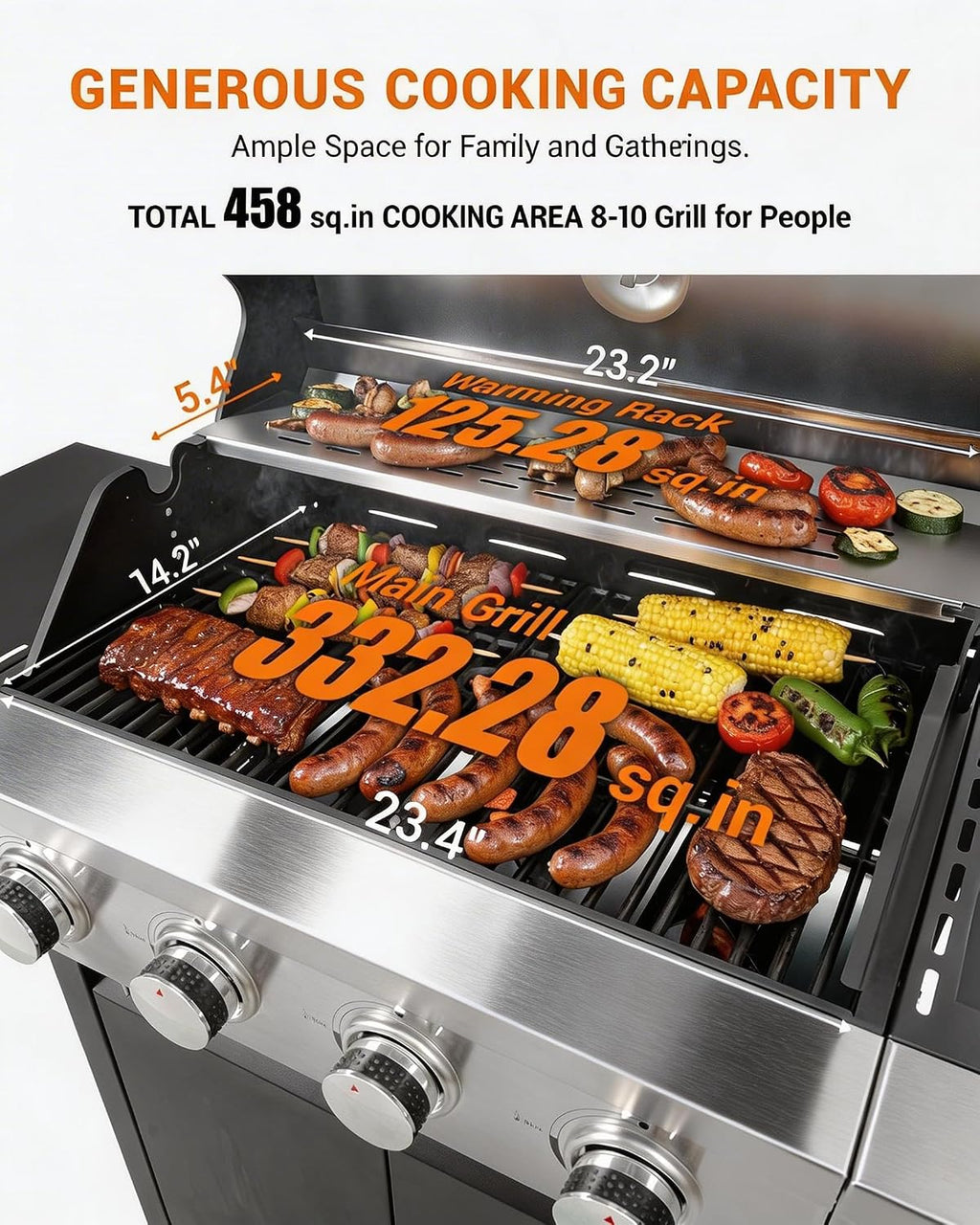 EUHOME 46,500 BTU 4-Burner Propane Gas Grill with Side Burner – Stainless Steel Outdoor BBQ with Enameled Cast Iron Grates & Foldable Side Tables for Patio, Backyard, and Outdoor Cooking