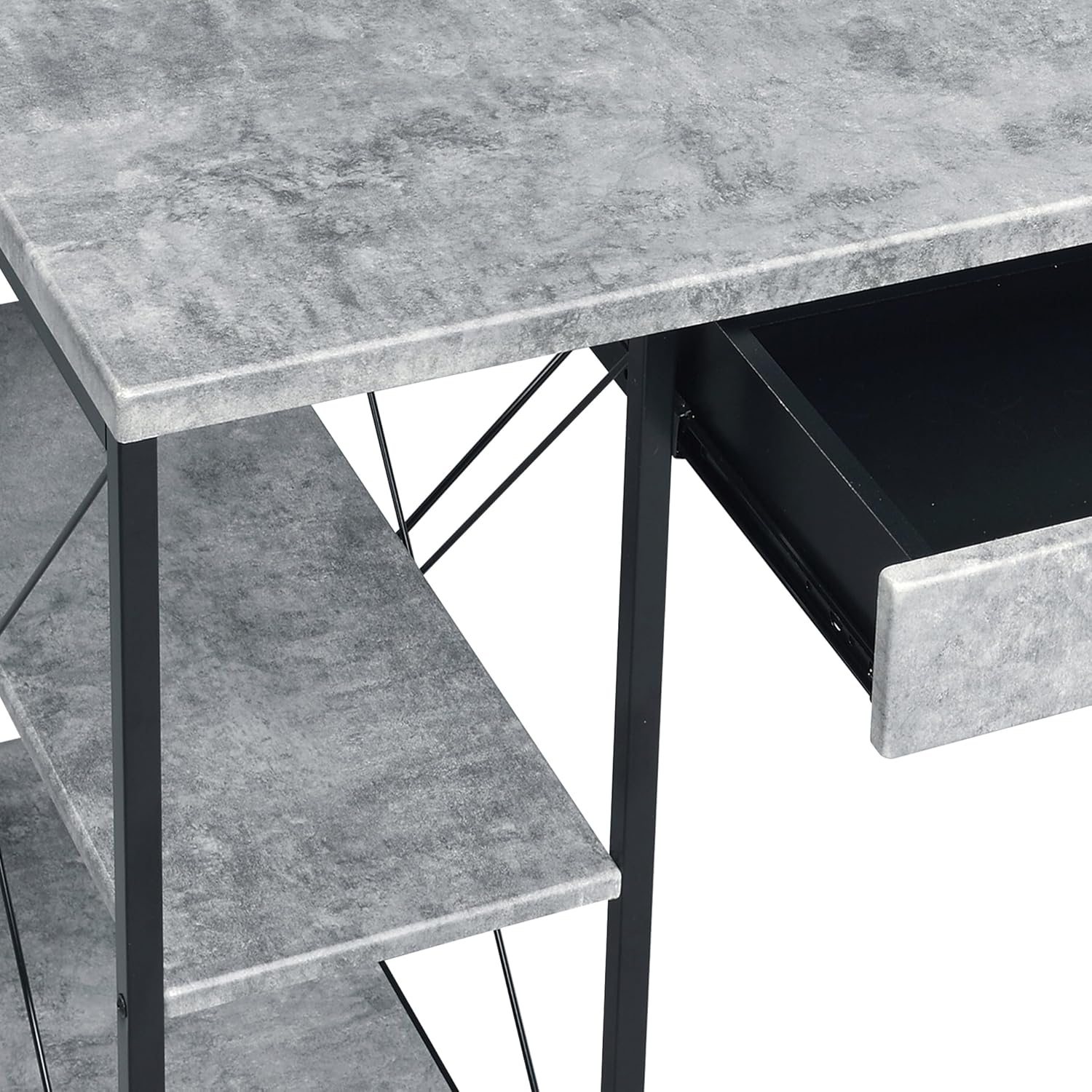 AMNOOL Office Desk with Open Shelves - Stylish Wood Recording Studio Workstation with Drawer and Compartments for Audio Equipment, Cables, and Accessories (Black+Grey)