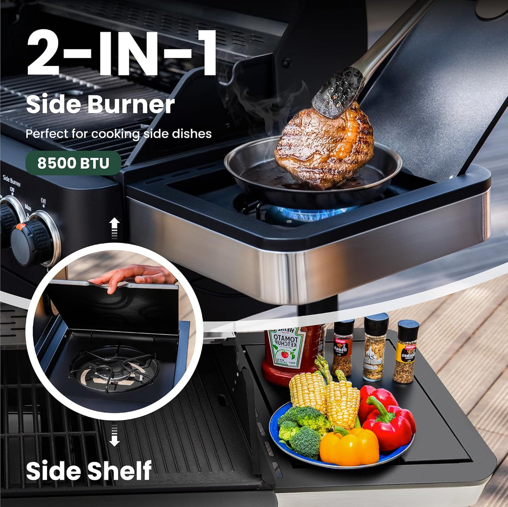 2 in 1 Propane Gas BBQ Grill with Side Burner & Porcelain-Enameled Cast Iron Grate, 4-Burner Flat Top Grill, 46,700 BTU Outdoor Barbecue Propane Griddle Grill Combo for Camping, Patio, Backyard