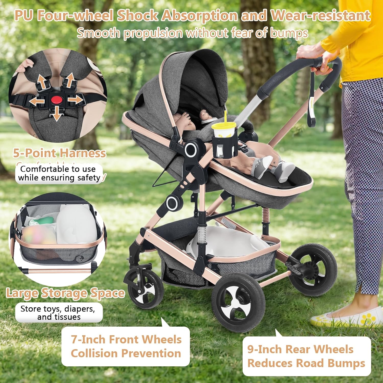 TODEFULL Convertible Baby Stroller, 3 in 1 Folding Infant Stroller, High Landscape Pushchair w/Adjustable Backrest & Canopy, Newborn Pram with Foot Cover, Storage Basket, Grey