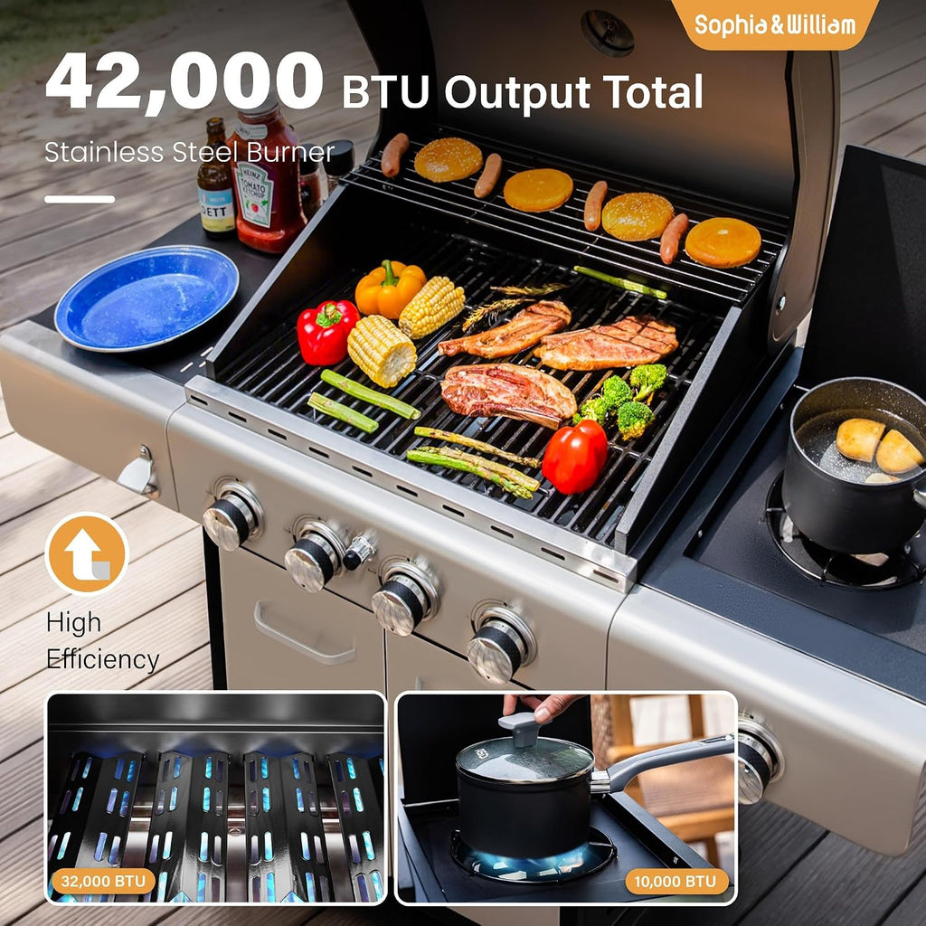 Sophia & William 4-Burner Propane Gas BBQ Grill with Side Burner and Porcelain-Enameled Cast Iron Grates, Stainless Steel Barbecue Grills Outdoor Cooking, Silver Cabinet Style, 42,000BTU