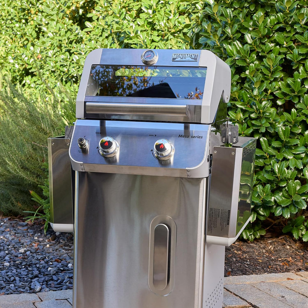 Monument Grills 2-Burner Stainless Steel Liquid Propane Gas Grill, Two Foldable Shelves Patio Garden Barbecue Grill with Clearview® Lid, Knob Control, Mesa200S with BBQ Cover