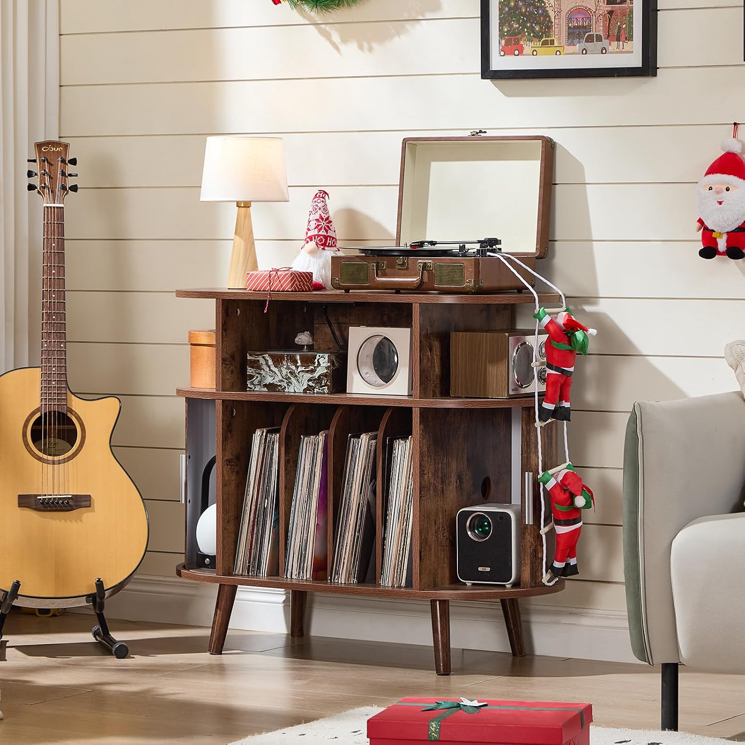 LELELINKY Large Round Record Player Stand with Charging Station & Fluted Panel, Brown Mid Century Modern Turntable Cabinet with Vinyl Storage, Arched Wood Record Player Table for Living Room