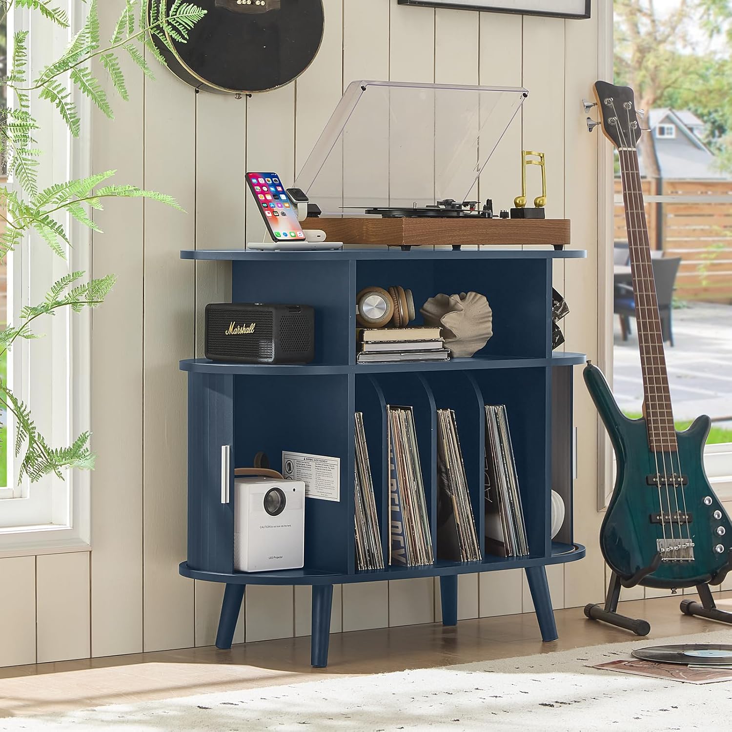 LELELINKY Large Round Record Player Stand with Charging Station & Fluted Panel,Navy Blue Mid Century Modern Turntable Cabinet with Vinyl Storage, Arched Wood Record Player Table for Living Room
