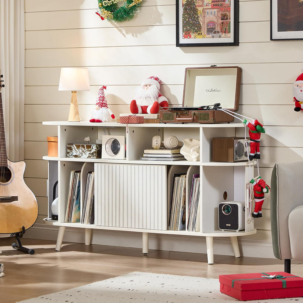 LELELINKY Extra Large Round Record Player Stand with Charging Station & Fluted Panel, Mid Century Modern Turntable Cabinet with Vinyl Storage, Arched Wood Record Player Table for Living Room,White