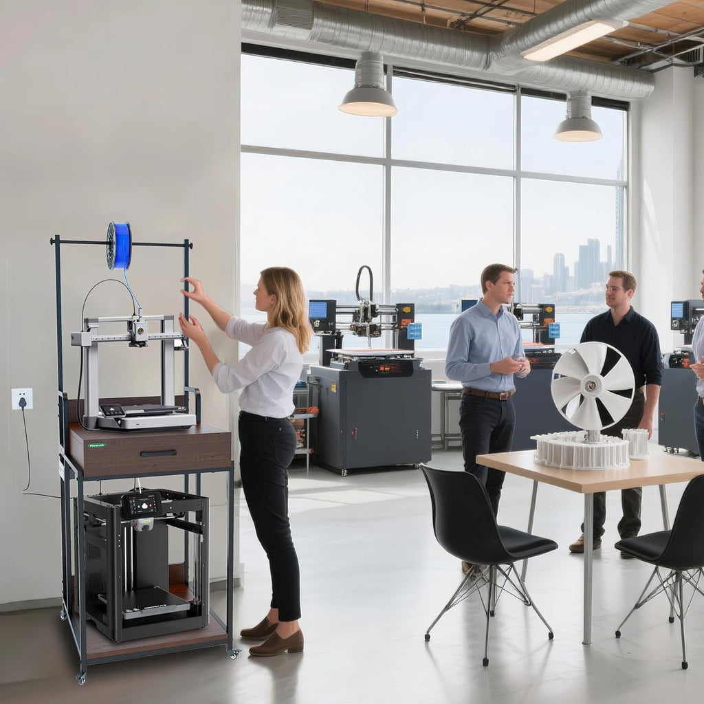 PT2GO Heavy Duty 3D Printer Table Stand with Wooden Drawer, Dual Desk 3D Printer Table, Rolling Filament Spool Holder with Power Hub for Garage Office Workshop