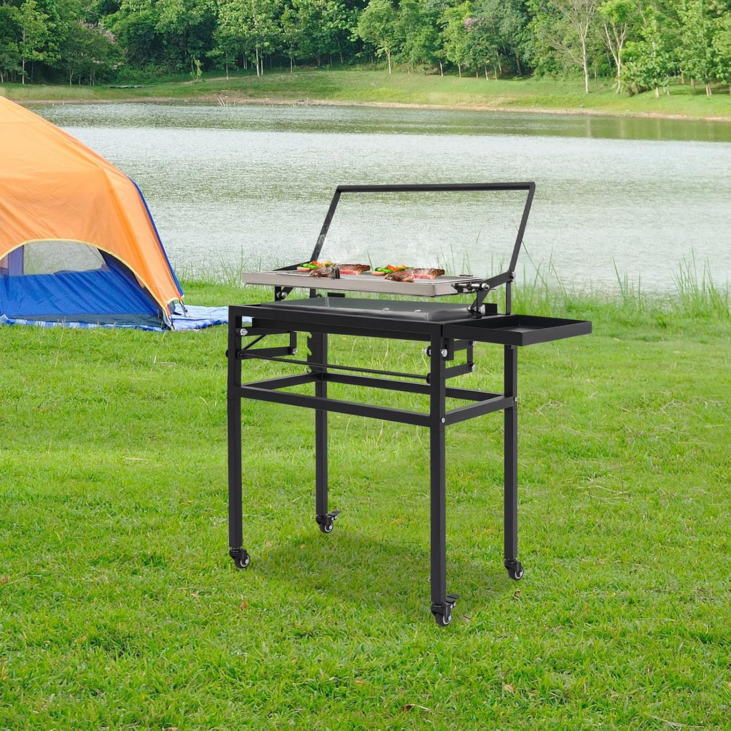 360° Rotating Charcoal Grill with Cart & Wheels, Heavy Duty Portable BBQ for Outdoor Camping, Backyard, Garden Parties | Removable Ash Tray & Adjustable Frame, 8 People, 0.7mm Steel, Black