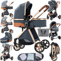 2 in 1 Baby Stroller Reversible Portable Standard Stroller Convertible Pushchair Infant Buggy Baby Carriage Foldable High Landscape Pram for Toddler Newborn (225 Blue)