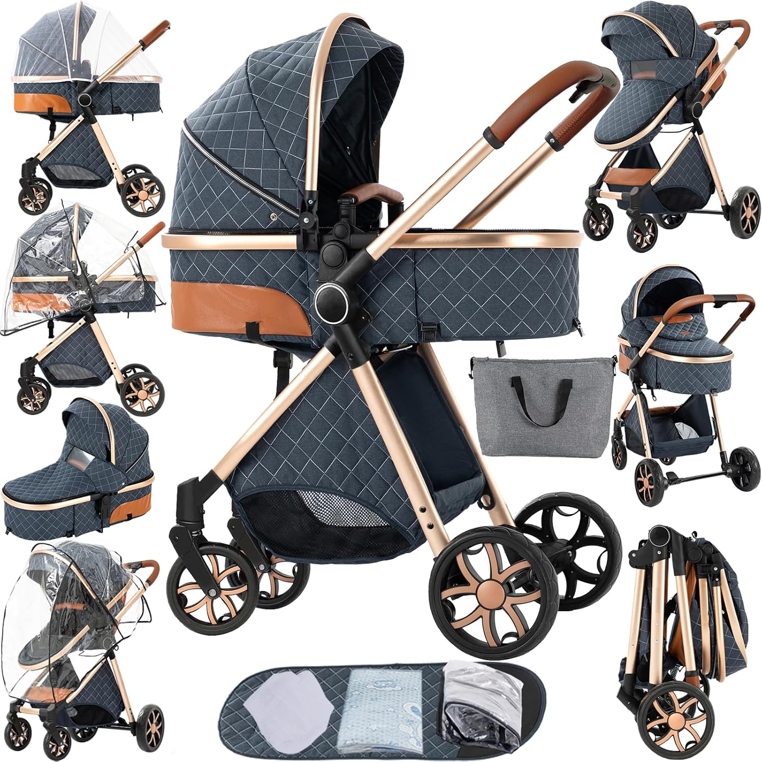 2 in 1 Baby Stroller Reversible Portable Standard Stroller Convertible Pushchair Infant Buggy Baby Carriage Foldable High Landscape Pram for Toddler Newborn (225 Blue)