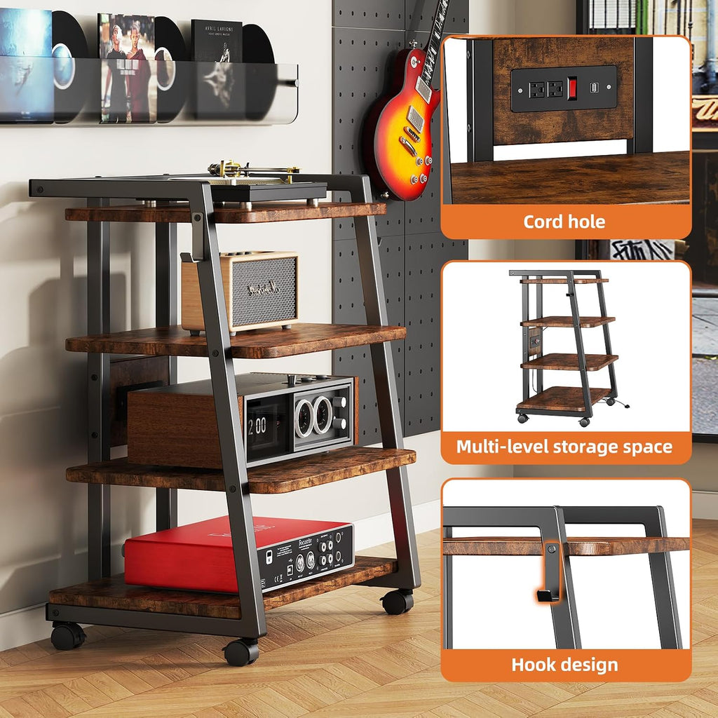 CABTE Mobile AV Media Stand with Outlets and 4 Rolling Caster Wheels, 4-Tier Rolling TV Stand for Gaming Console, Stereo, DVD Player, Sturdy Metal Frame, Versatile Living Room,Bedroom (Retro Brown)