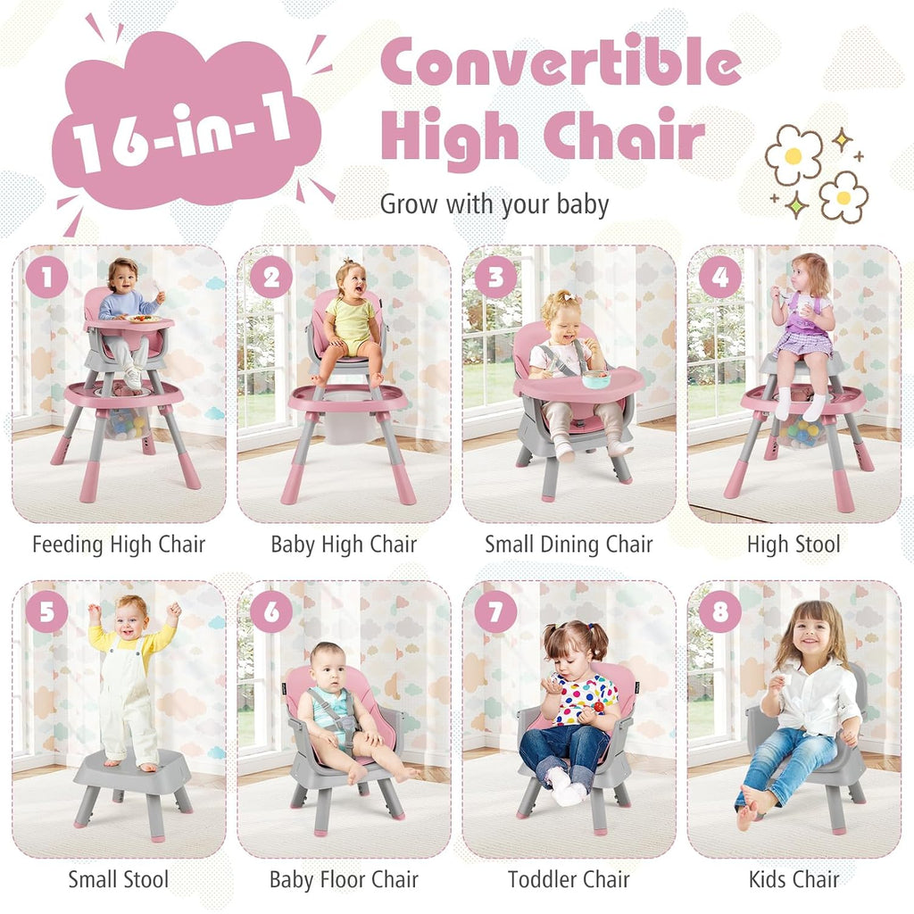 KOTEK 16 in 1 Convertible High Chair, Baby Highchair & Activity Center, Booster Seat, Building Block Table, Toddler Chair with 5-Point Harness, Removable Tray & Cushion (Pink)