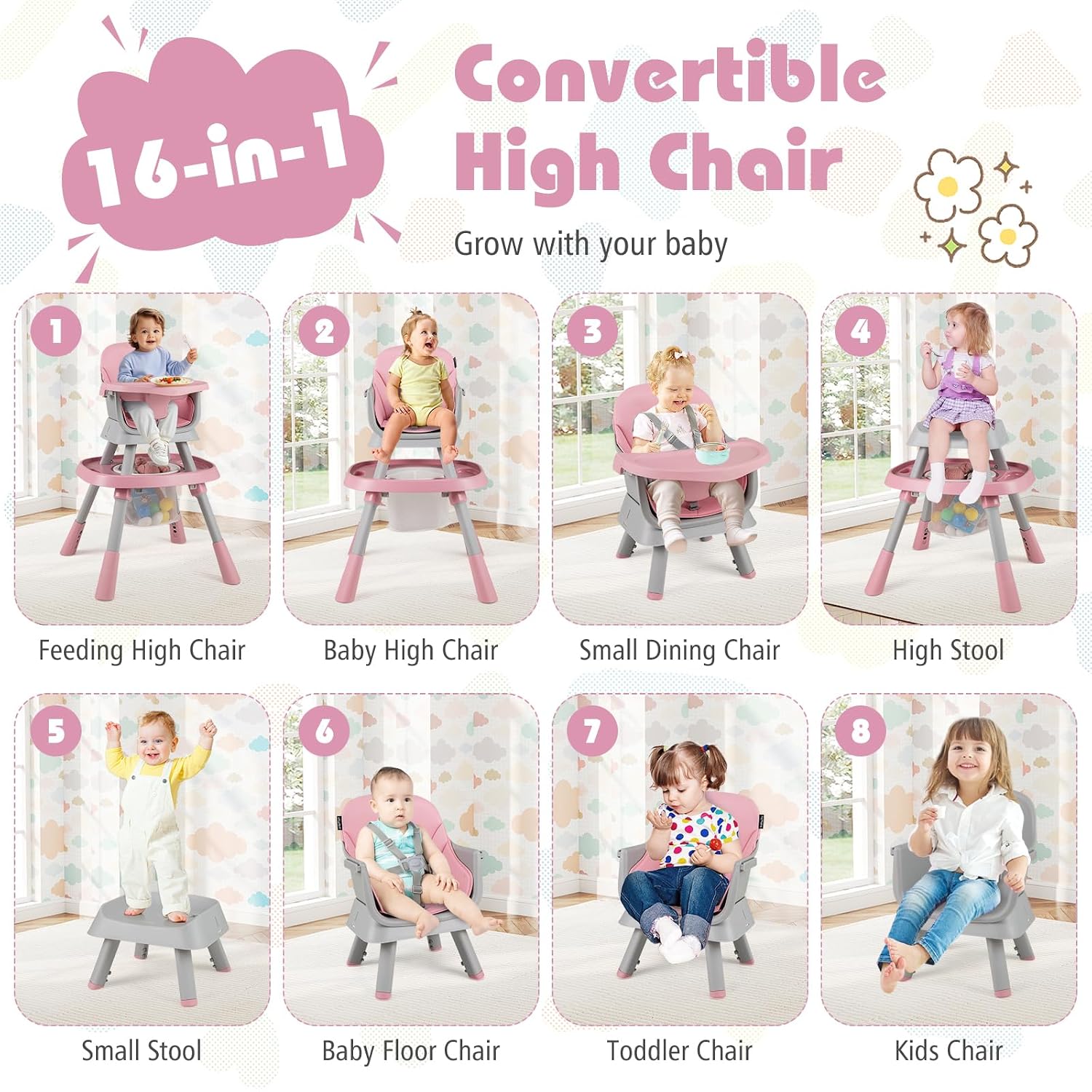KOTEK 16 in 1 Convertible High Chair, Baby Highchair & Activity Center, Booster Seat, Building Block Table, Toddler Chair with 5-Point Harness, Removable Tray & Cushion (Pink)