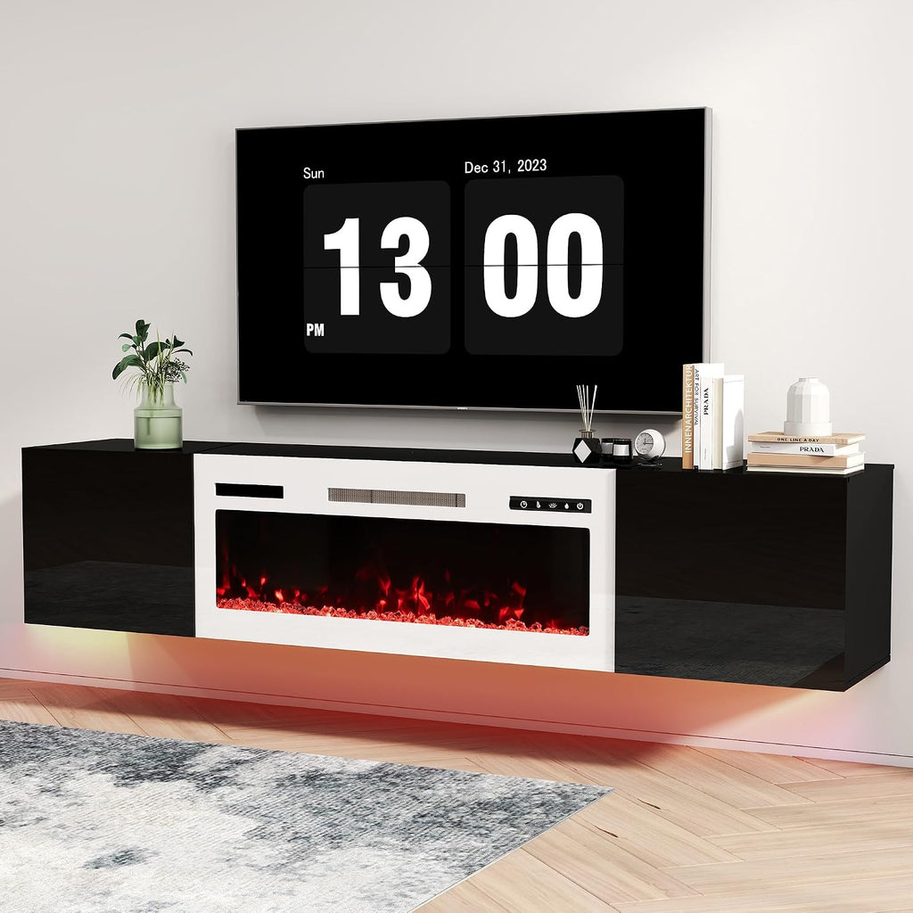 Real Relax 70' Floating TV Stand with 36' Electric Fireplace, Wall Mounted Entertainment Center with Storage, Remote Control, Modern LED Lights Fireplace TV Console for TVs Up to 80', Black/White
