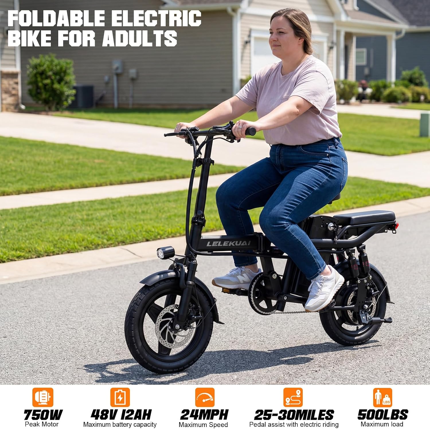 LELEKUAI Electric Bike for Adults and Teens, 520W-560W Motor, 20-24MPH, 32 Miles Range, 48V 10Ah Battery, 3-Level Pedal Assist, 14' Foldable Mini Electric Bicycle, UL 2849 Certified