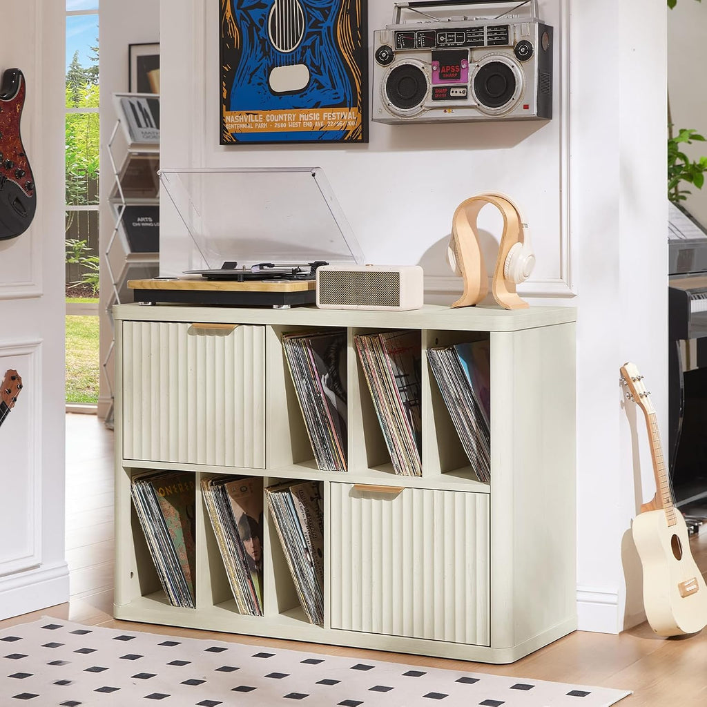 LEYAOYAO Large Record Player Stand with Vinyl Storage Up to 450 Albums, Wood Fluted Record Storage Accent Cabinet, Modern Stereo Media Cabinets, Wide Turntable Stand for Living Room, Antique White