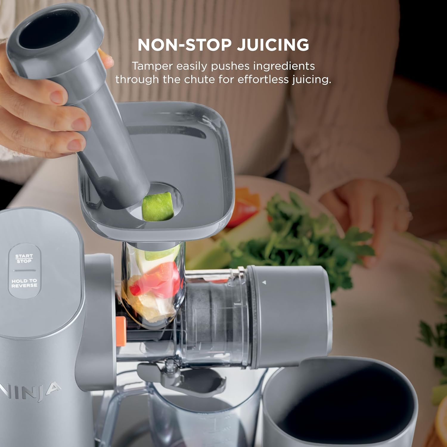 Ninja NeverClog Cold Press Juicer | Powerful Electric Slow Masticating Juicer with Pulp Control | XL Capacity | 24 oz. Juice Jug & 36 oz. Pulp Container | Dishwasher Safe | Gray | 150W | JC151SL