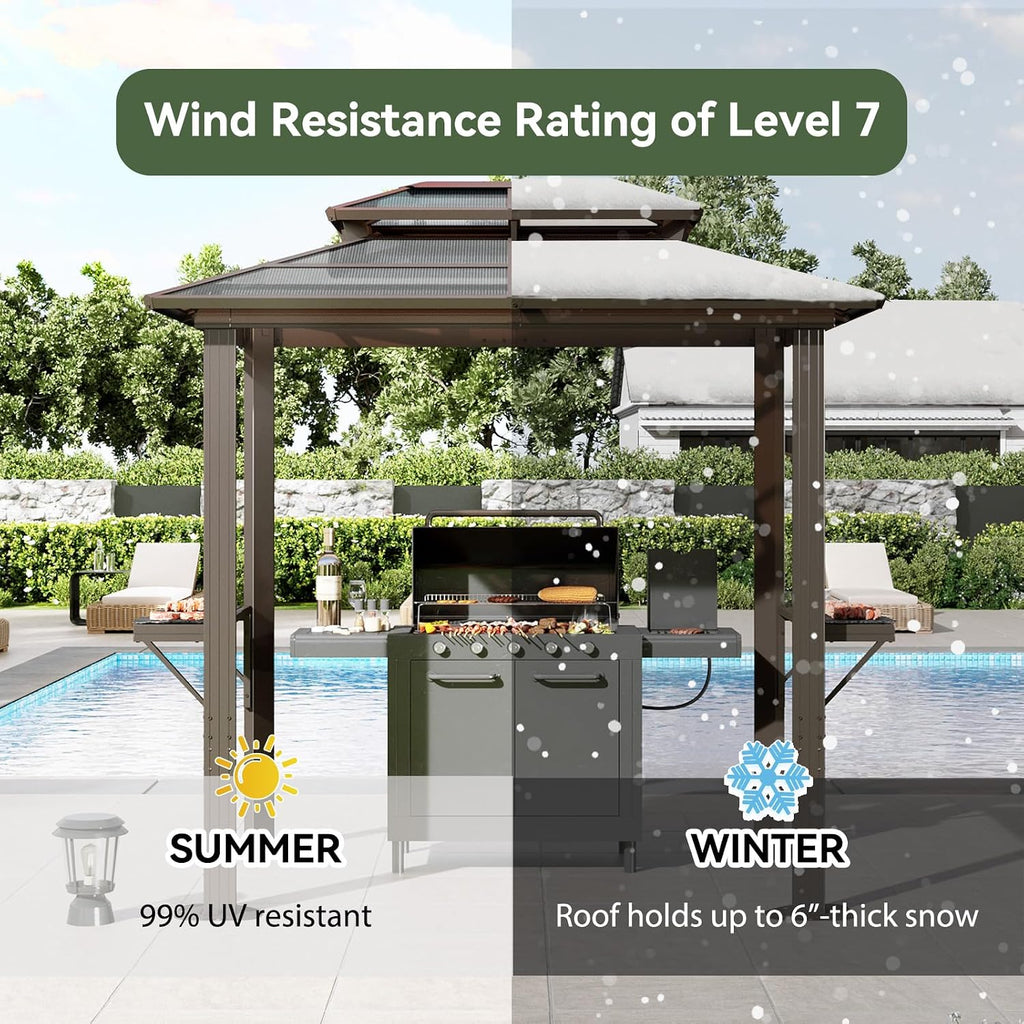 Aoxun Grill Gazebo 8 x 5FT, Aluminum BBQ Gazebo with Double Polycarbonate Top, Grill Canopy Hardtop with Shelves for Lawn, Patio, Garden