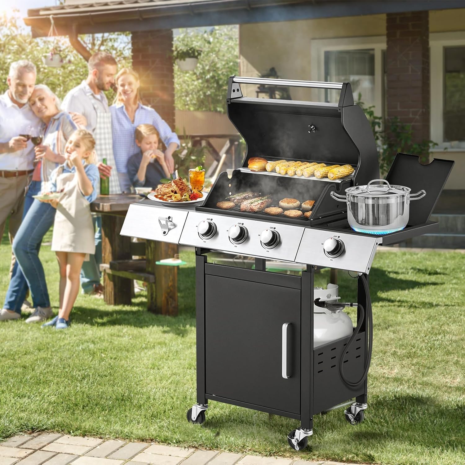 MELLCOM Upgraded 36,000 BTU Stainless Steel Burner Barbecue Grill, 3 Burner BBQ Propane Gas Grill with Cast Iron Grates & Side Stove for Patio, Camping, Outdoor Cooking