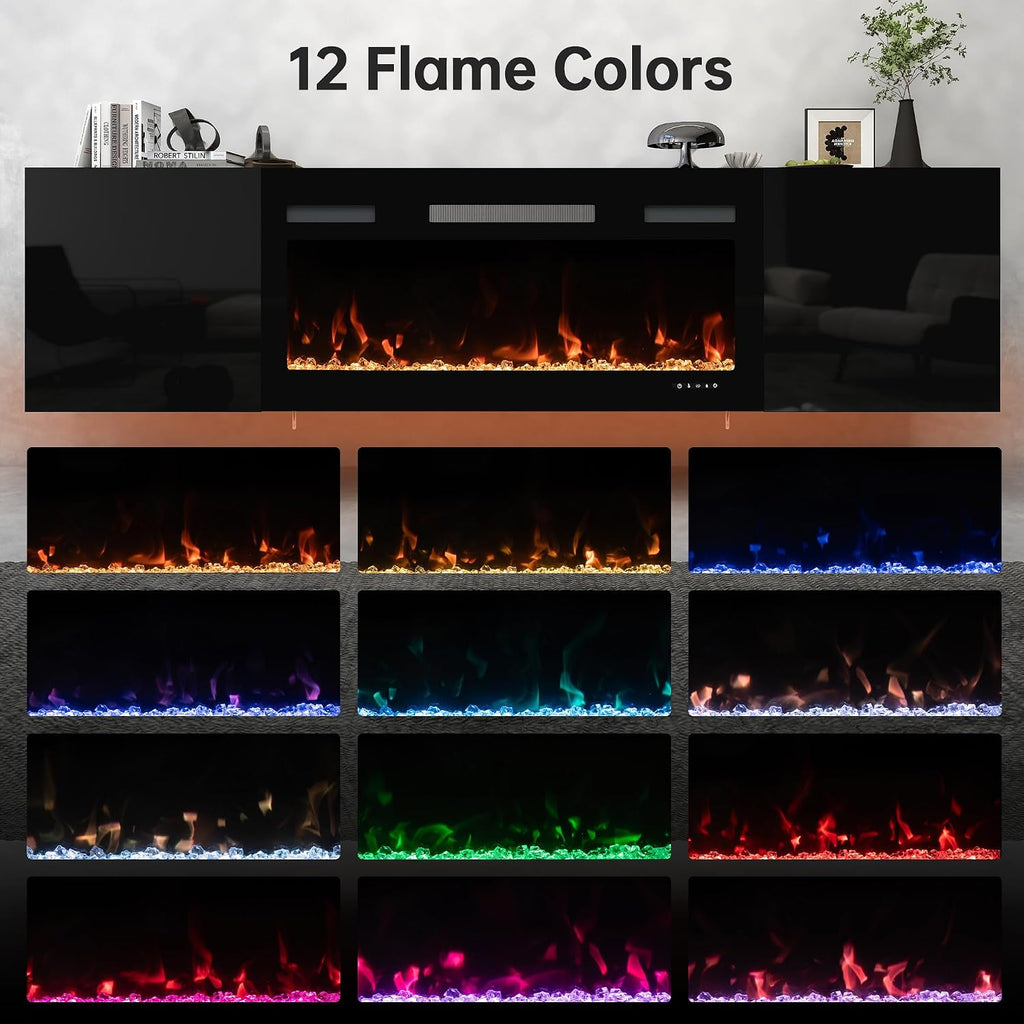 Real Relax 80' Floating TV Stand with 40' Electric Fireplace, Wall Mounted Entertainment Center with Storage, Remote Control, Modern LED Lights Fireplace TV Console, Taller Version, All Black