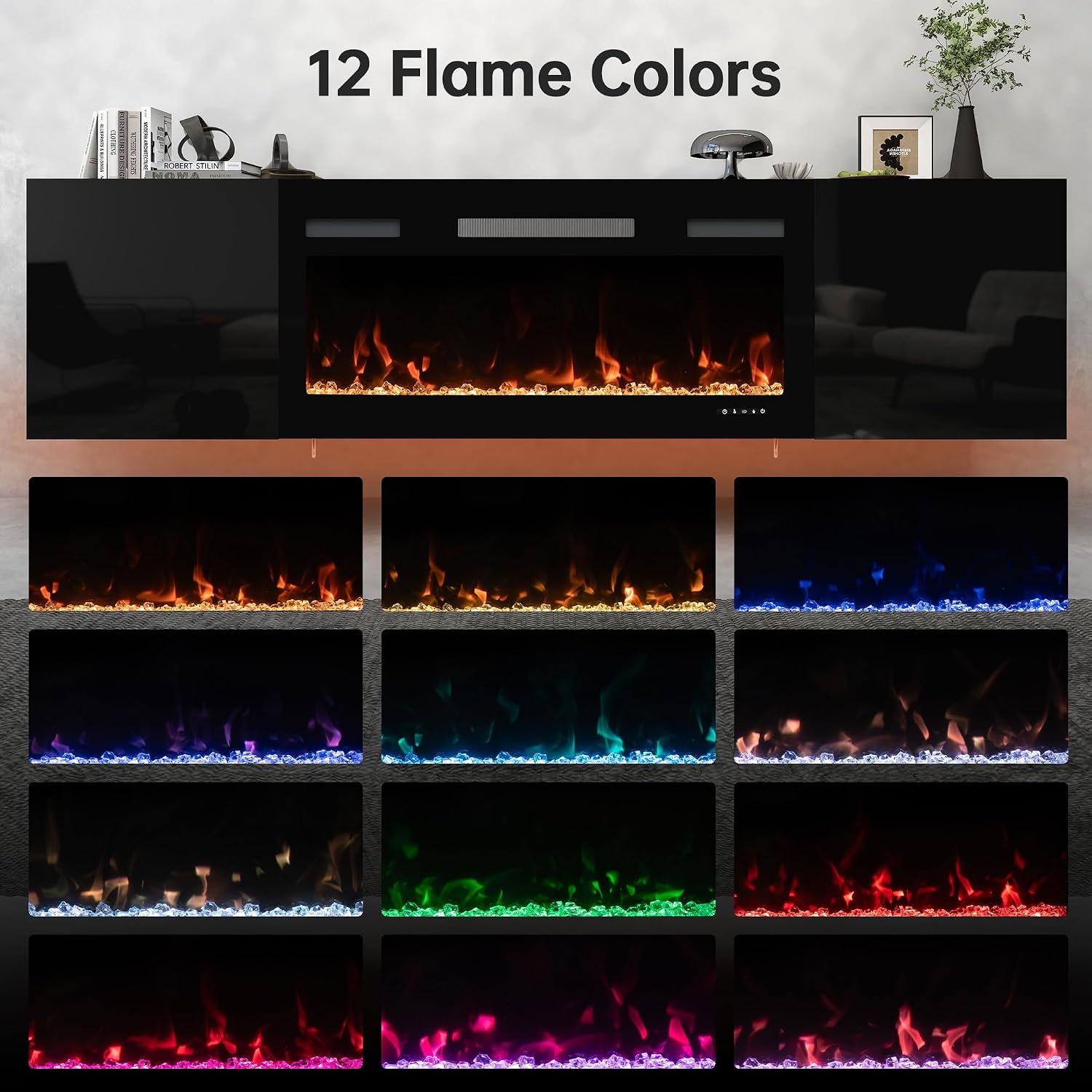Real Relax 80' Floating TV Stand with 40' Electric Fireplace, Wall Mounted Entertainment Center with Storage, Remote Control, Modern LED Lights Fireplace TV Console, Taller Version, All Black