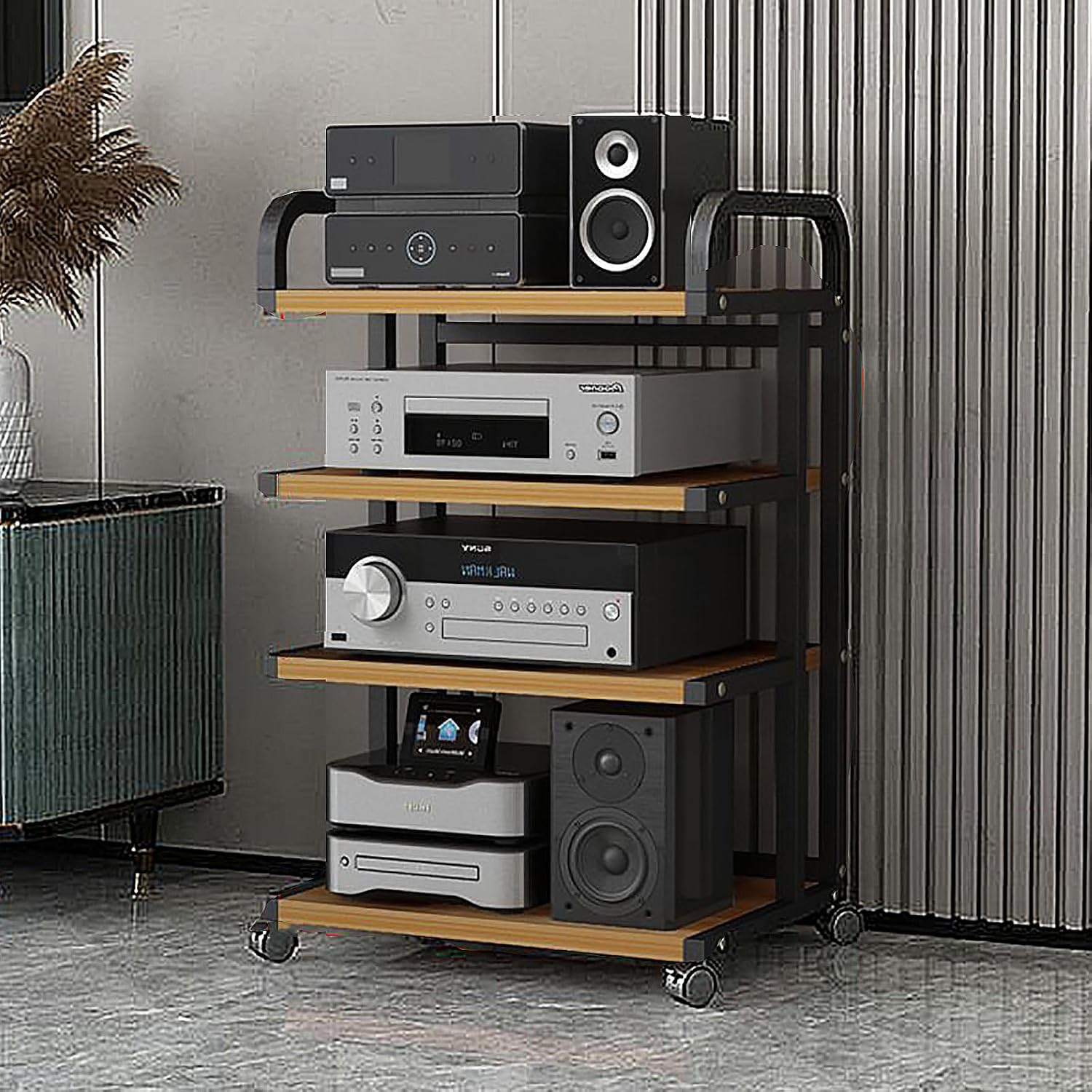 Movable AV Media Stand, 4-Tier Modern Audio Rack Storage Cabinet, Entertainment Center Shelving for Stereo Equipment, Natural Finish, Versatile Media Tower