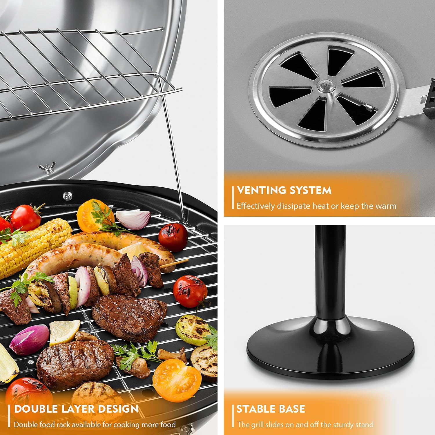 Electric Outdoor Grill Techwood 15-Serving Indoor/Outdoor Electric Grill for Indoor & Outdoor Use, Double Layer Design, Portable Removable Stand Grill, 1600W, Silver