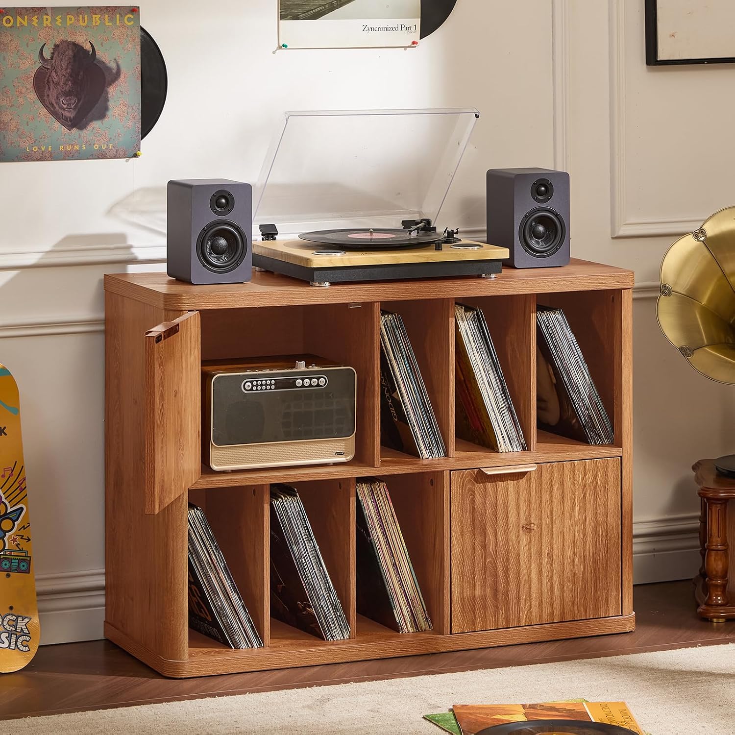 LEYAOYAO Large Record Player Stand with Vinyl Storage Up to 450 Albums, Wood Fluted Boho Record Storage Accent Cabinet, Modern Stereo Media Cabinets, Wide Turntable Stand for Living Room, Tea Brown
