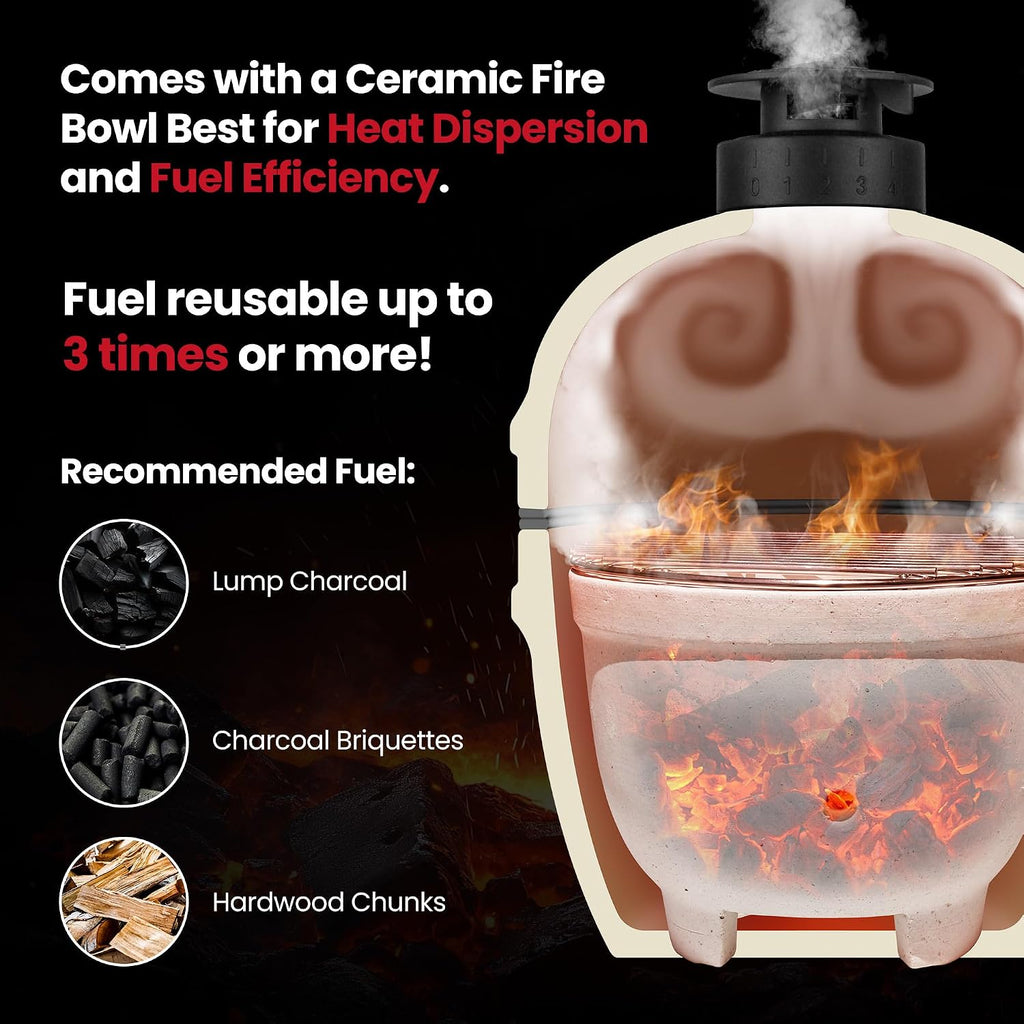 Upgraded 13 inch Ceramic Kamado Grill with Waterproof Air Vent Cap | Portable Tabletop Charcoal BBQ Grill Smoker for Outdoor Cooking, Patio, Camping | Black