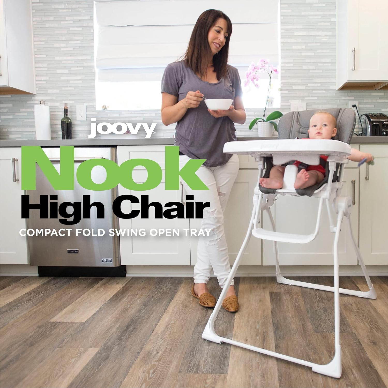 Joovy Nook High Chair Featuring Four-Position Adjustable Swing Open Tray, and Removable, Dishwasher-Safe Tray Insert for Easy Cleaning - Folds Down Flat for Easy Storage (Black)