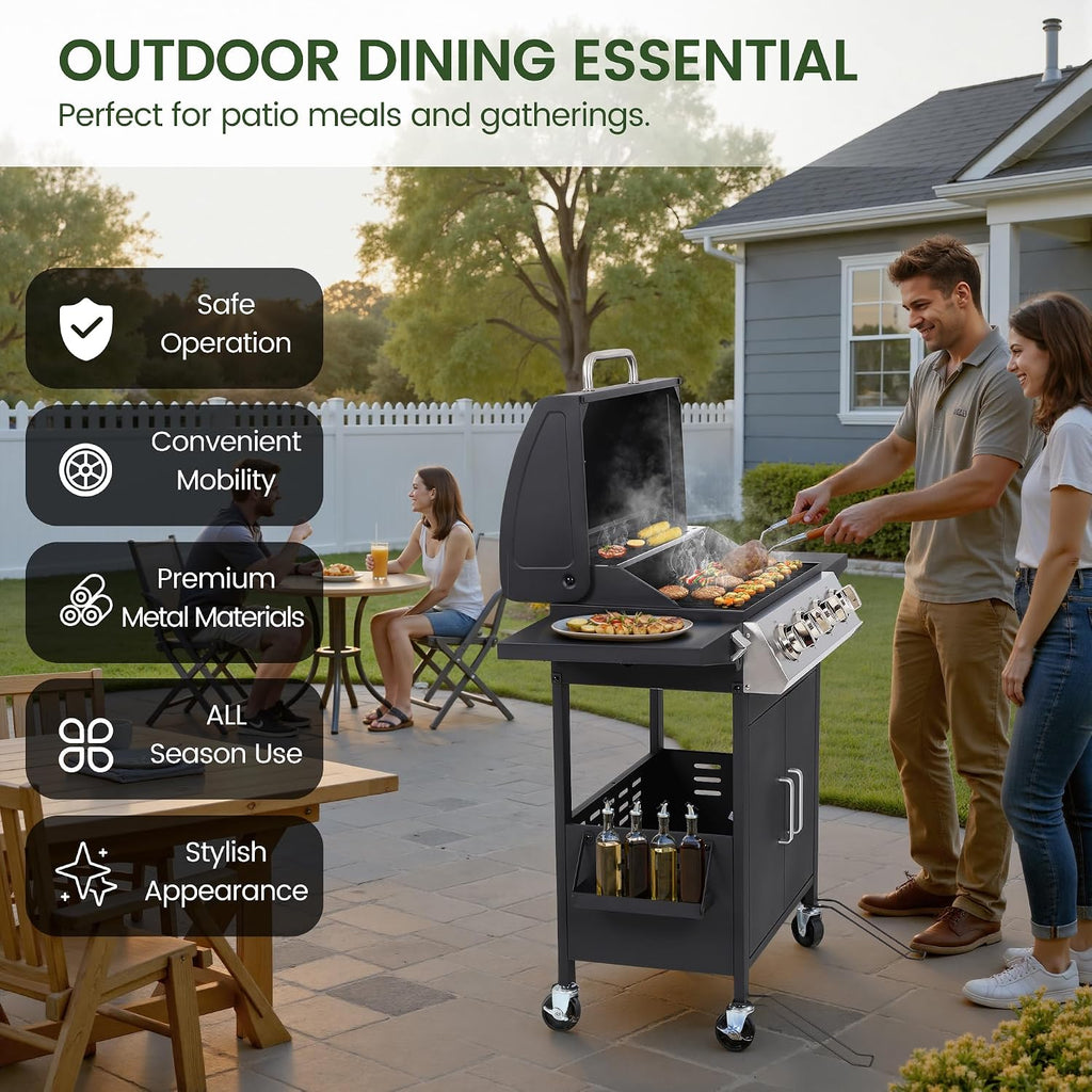 HUGROVE 4-Burner Propane Gas BBQ Grill, Upgraded 40,000 BTU Stainless Steel Barbecue Grill with Foldable Side Tables, Spice Rack & Wheels for Outdoor Cooking