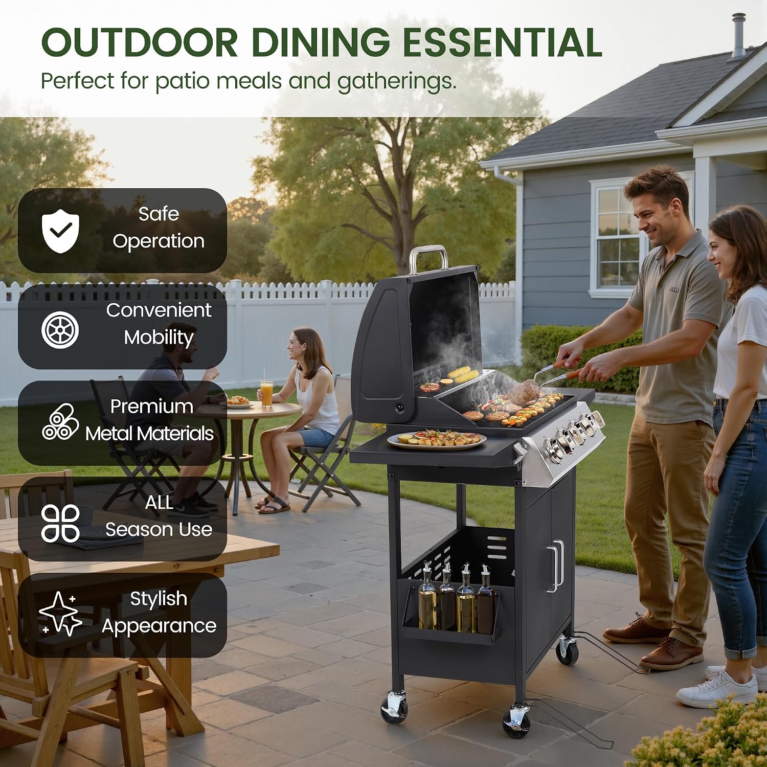 HUGROVE 4-Burner Propane Gas BBQ Grill, Upgraded 40,000 BTU Stainless Steel Barbecue Grill with Foldable Side Tables, Spice Rack & Wheels for Outdoor Cooking