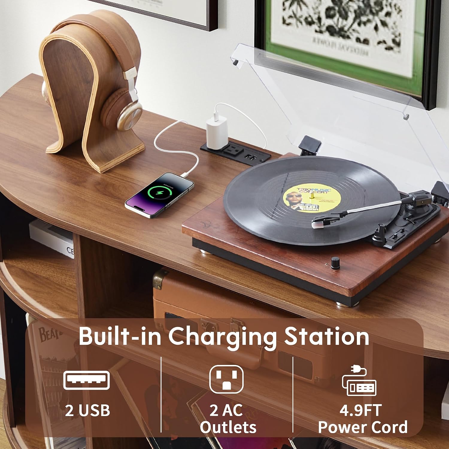 Large Record Player Stand, 55'' Wood Vinyl Record Storage Cabinet with Charging Station & USB Ports, Curved Turntable Table Open Shelf Holder Up to 300 Albums for Living Room(Walnut)