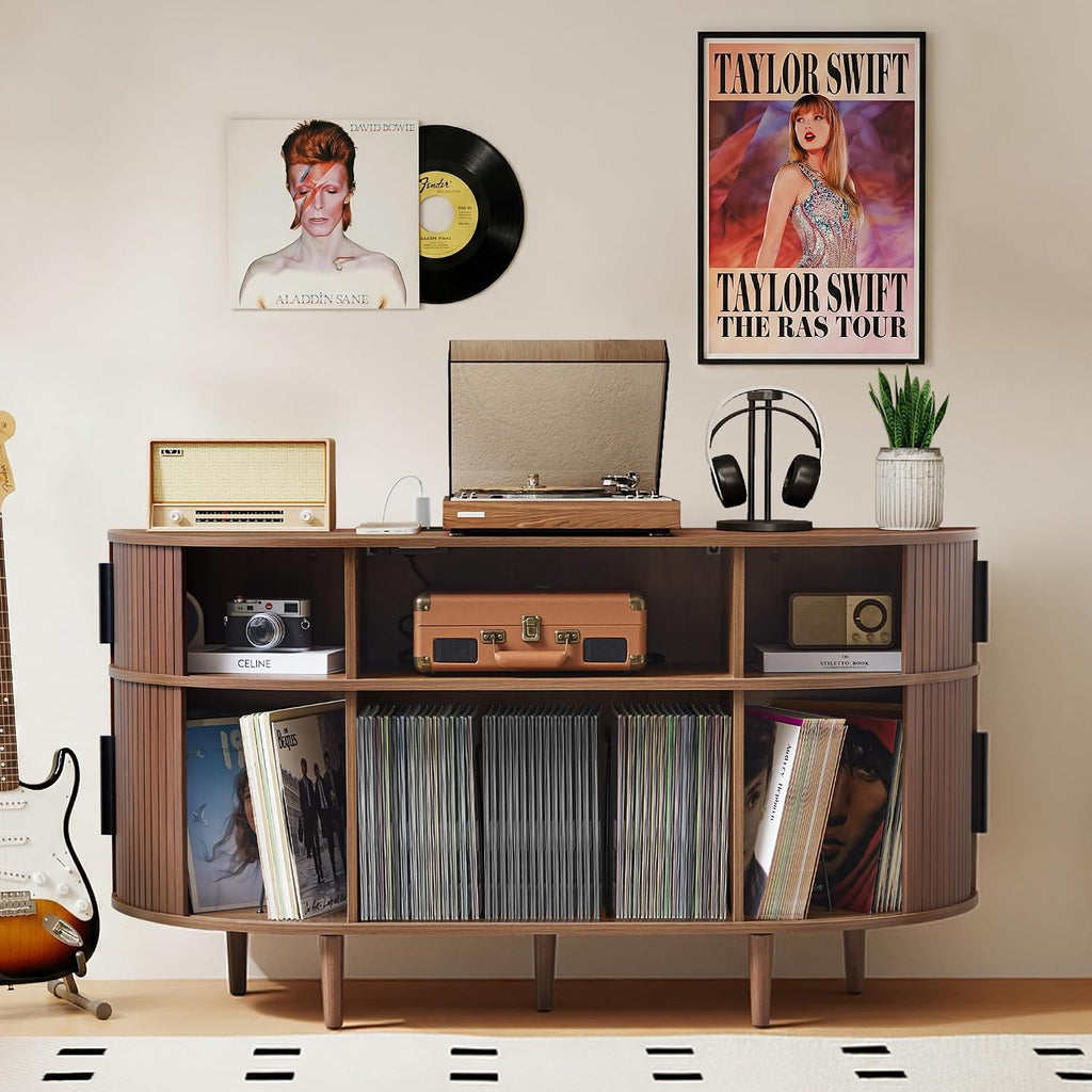 Large Record Player Stand, 55'' Wood Vinyl Record Storage Cabinet with Charging Station & USB Ports, Curved Turntable Table Open Shelf Holder Up to 300 Albums for Living Room(Walnut)