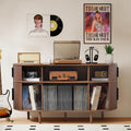 Large Record Player Stand, 55'' Wood Vinyl Record Storage Cabinet with Charging Station & USB Ports, Curved Turntable Table Open Shelf Holder Up to 300 Albums for Living Room(Walnut)