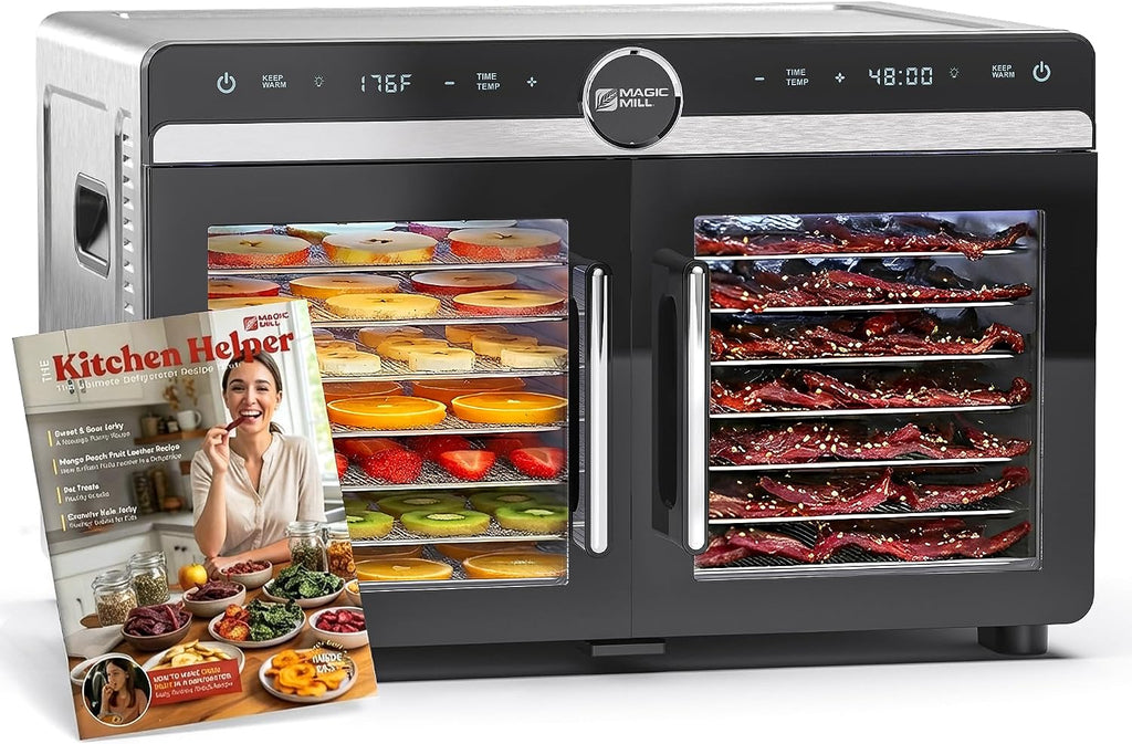 Magic Mill Premium DualZone Food Dehydrator, 16 Stainless Steel Trays with French Doors, Independent Temp Control, Rear Fan, Keep Warm Mode, for Jerky, Fruit, Veggies, Dog Treats, Meal Prep