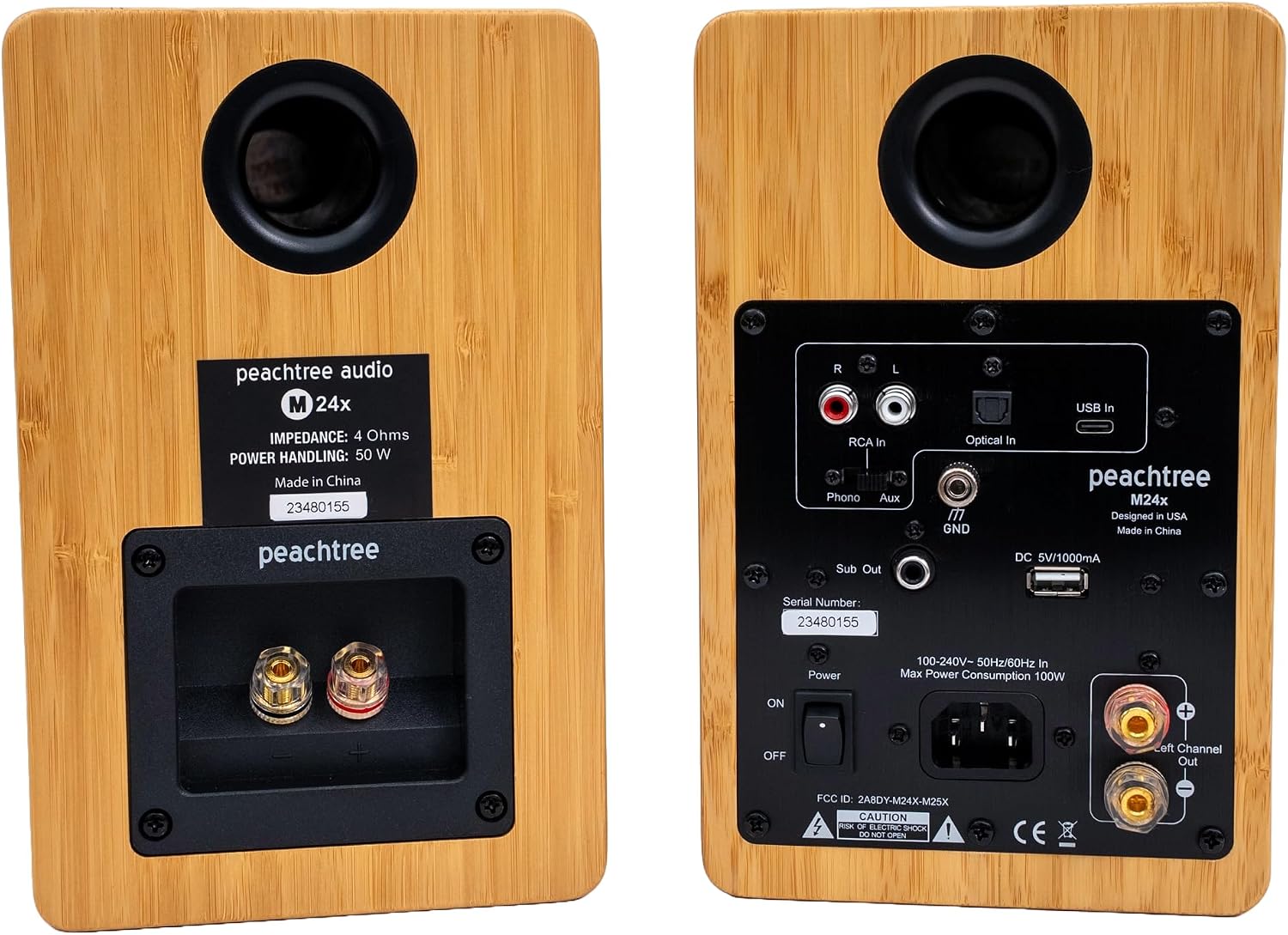 Peachtree Audio M24x Powered Bluetooth Bookshelf Speakers – Real Bamboo | 5.25' Woofer, RCA, Optical, USB Charging, Sub Out | Compact Hi-Fi Speakers for TV, Turntable, Computer & Home Audio