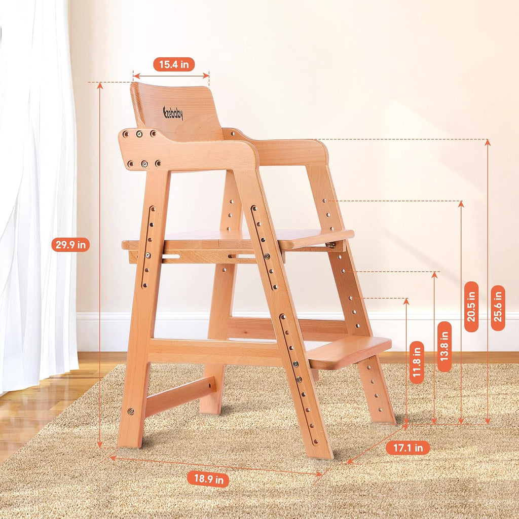 Ezebaby Wooden High Chair for Toddlers to Teens Adjustable Kids Learning Chair with Steps, Child Seats with Removable Cushion (Natural Color)