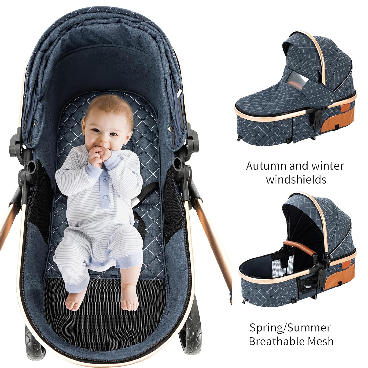 2 in 1 Baby Stroller Reversible Portable Standard Stroller Convertible Pushchair Infant Buggy Baby Carriage Foldable High Landscape Pram for Toddler Newborn (225 Pink)
