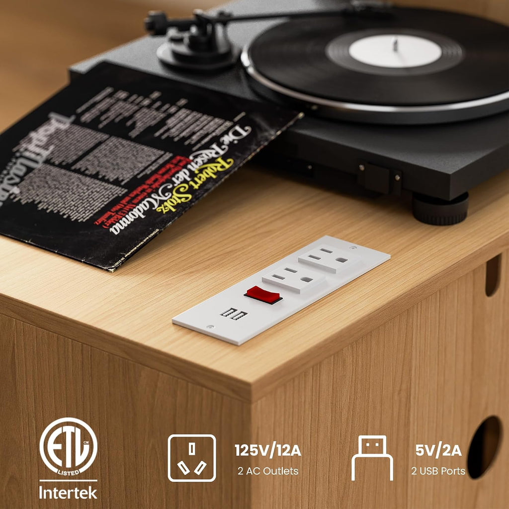 DIYART Large Record Player Stand with Power Outlet, Vinyl Record Storage Table Holds Up to 400 Albums, Mid-Century Turntable Stand for Living Room, Bedroom, Oak
