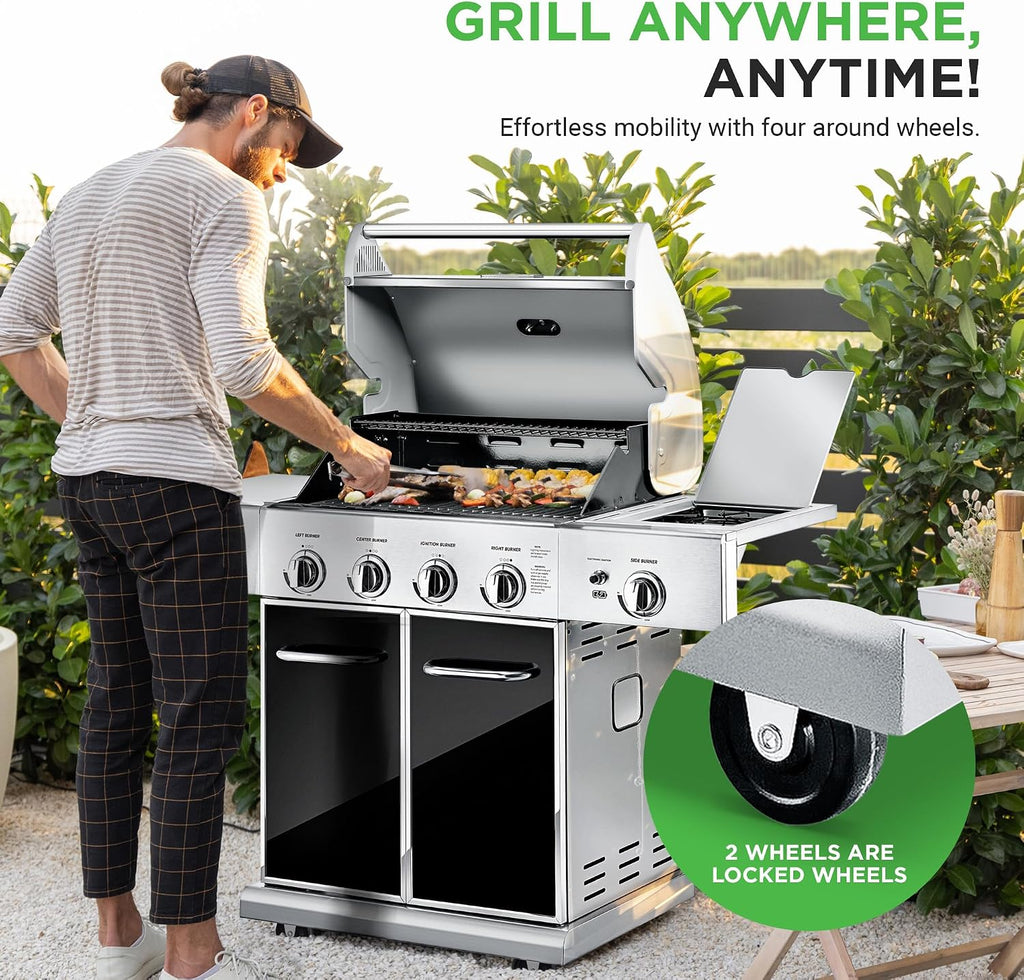Heavy-Duty 5-Burner Propane Gas Grill - Stainless Steel Grill, 4 Main Burner with 1 side burner, 52,000 BTU Grilling Capacity, Electronic Ignition System, Built-in Thermometer - NutriChef NCGRIL2