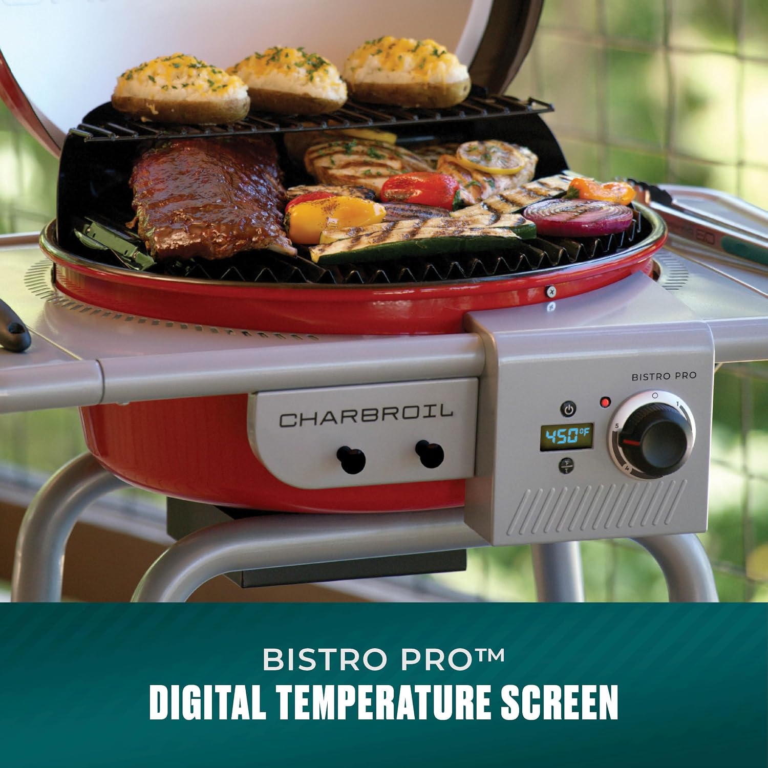 Charbroil 3-in-1 Dual Fuel Outdoor Bistro Pro Electric Grill & Griddle + Charcoal Mode BBQ, Red - 25302146