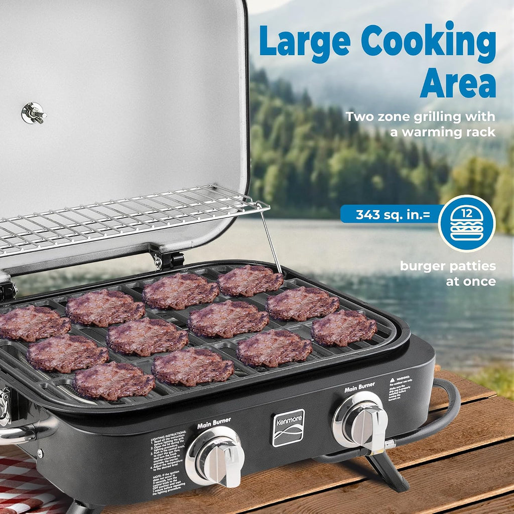 Kenmore Portable Propane Gas Grill - Tabletop BBQ Grill with Warming Rack, 2 Stainless Steel Burners with 14,000 BTUs, for Outdoor Kitchen, Camping, Black
