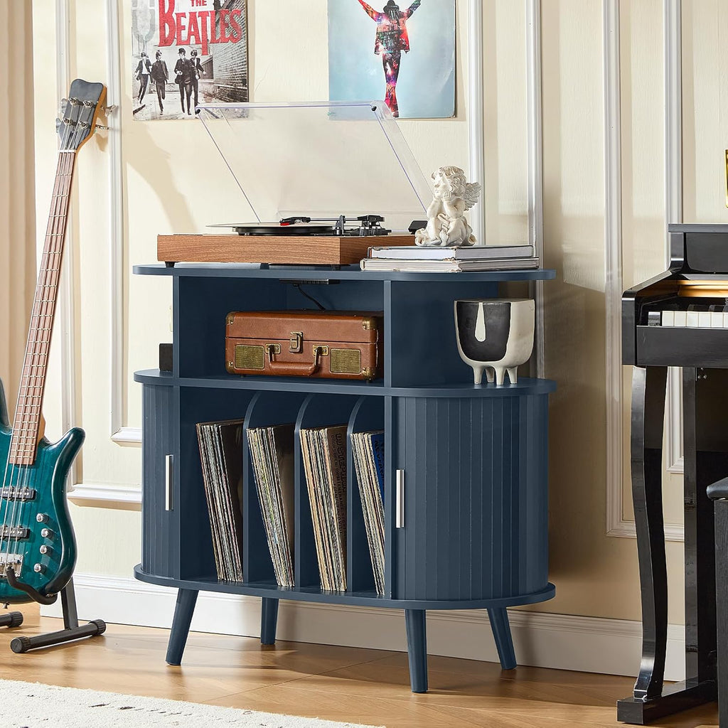 LELELINKY Large Round Record Player Stand with Charging Station & Fluted Panel,Navy Blue Mid Century Modern Turntable Cabinet with Vinyl Storage, Arched Wood Record Player Table for Living Room