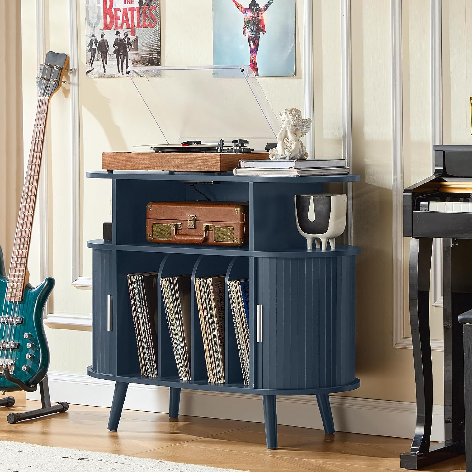 LELELINKY Large Round Record Player Stand with Charging Station & Fluted Panel,Navy Blue Mid Century Modern Turntable Cabinet with Vinyl Storage, Arched Wood Record Player Table for Living Room