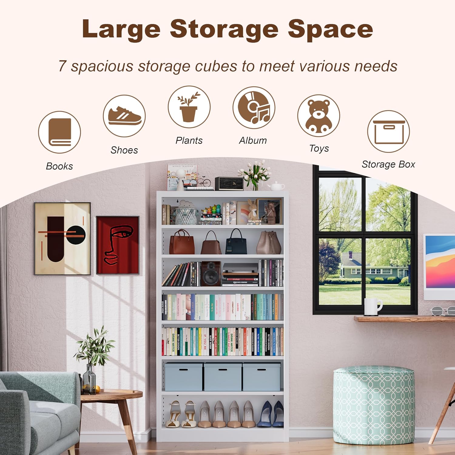 Metal DVD Storage Cabinet, 7 Tier Tall Media Storage Shelf with Adjustable Shelves, Freestanding CD & DVD Rack Tower Bookshelf for Living Room, Home Entertainment,White