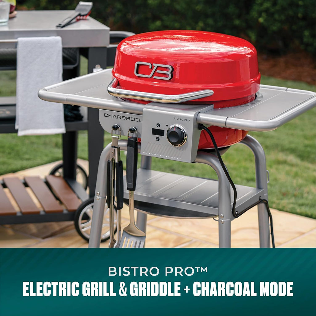 Charbroil 3-in-1 Dual Fuel Outdoor Bistro Pro Electric Grill & Griddle + Charcoal Mode BBQ, Red - 25302146