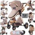 2 in 1 Baby Stroller, Convertible Foldable Standard Stroller, Reversible Pushchair Infant Buggy Carriage, Portable High Landscape Pram for Toddler Newborn, Aluminum Alloy (225 Khaki)
